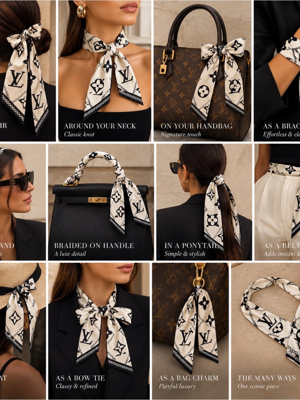 Silk Scarf Ribbon - Ivory & Black